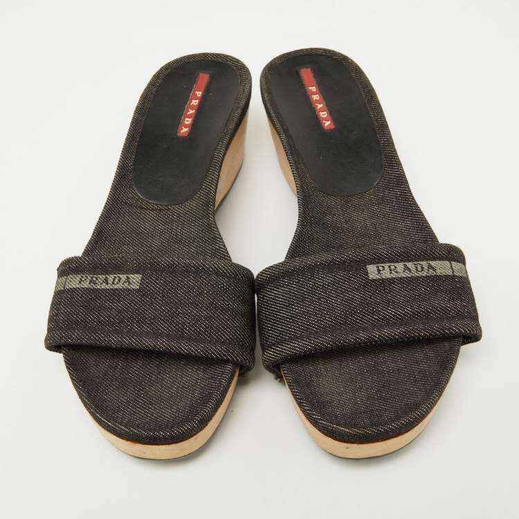 Pre Owned Prada Sport Black Denim Wedge Slide Sandals Size 37