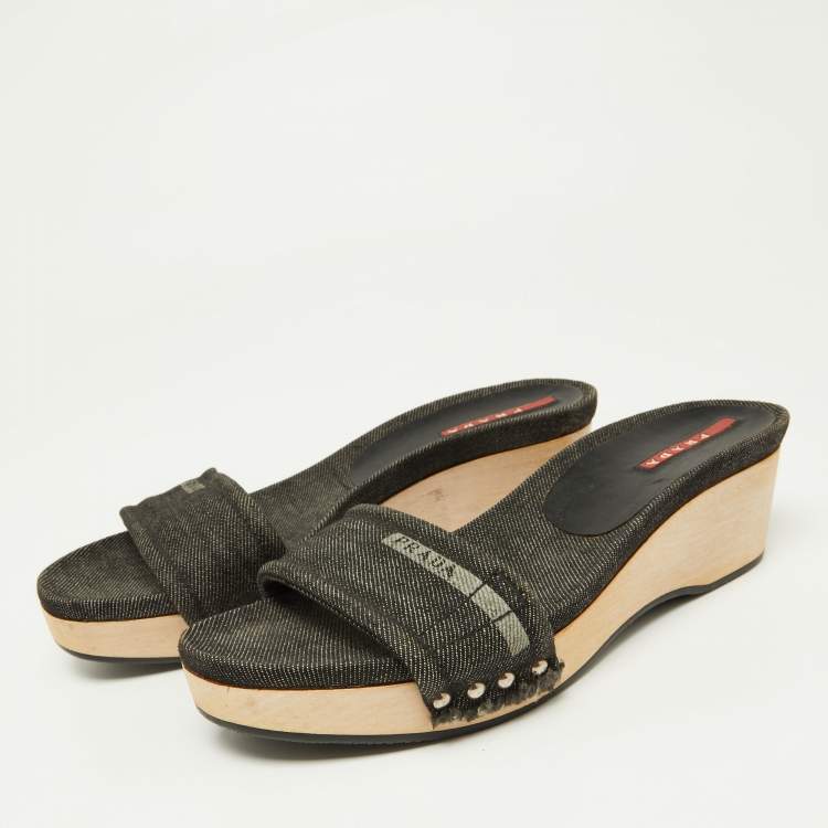 Prada Sport Black Denim Wedge Slide Sandals Size 37 TLC