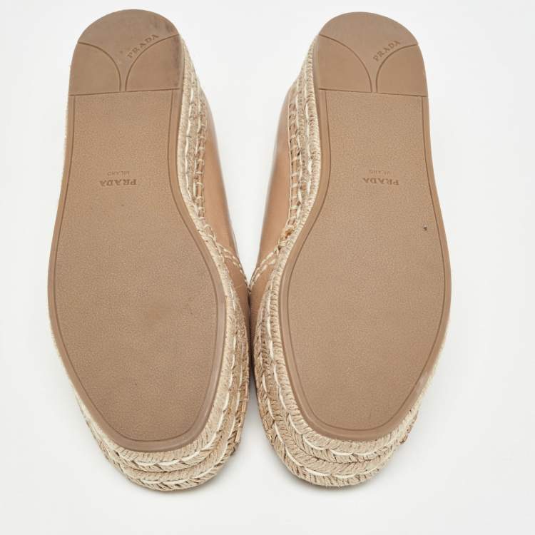 Pre Owned Prada Beige Leather Peep Toe Espadrilles Platform Flats Size 36