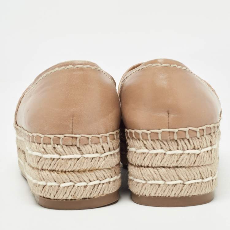 Pre Owned Prada Beige Leather Peep Toe Espadrilles Platform Flats Size 36
