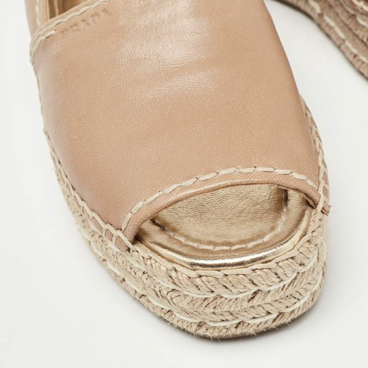 Pre Owned Prada Beige Leather Peep Toe Espadrilles Platform Flats Size 36