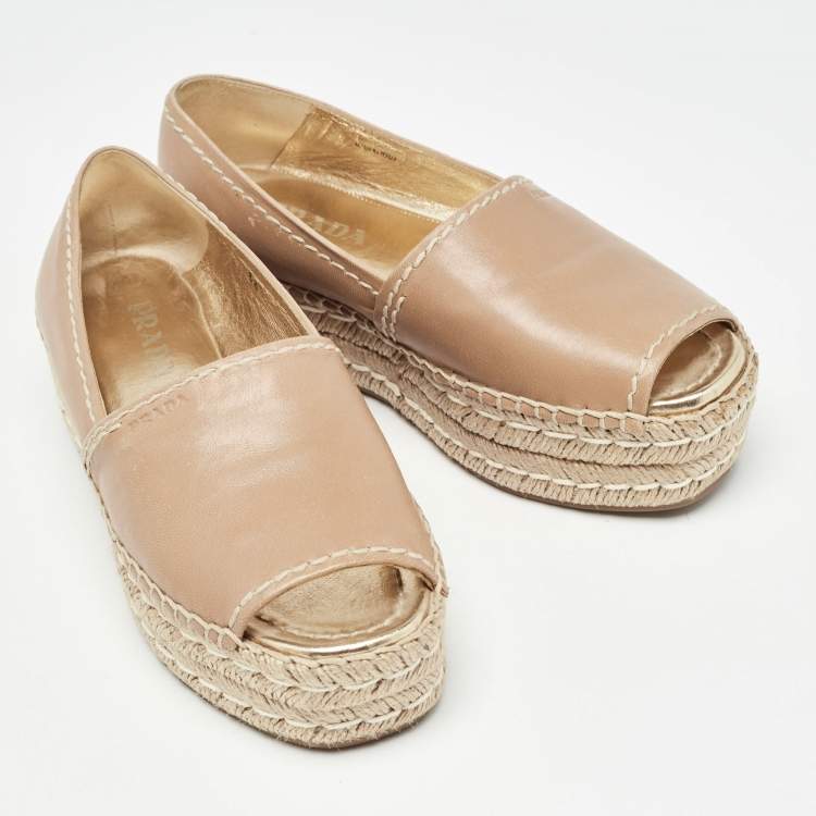 Pre Owned Prada Beige Leather Peep Toe Espadrilles Platform Flats Size 36