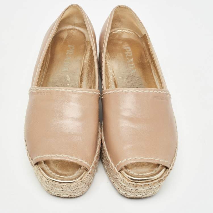 Pre Owned Prada Beige Leather Peep Toe Espadrilles Platform Flats Size 36