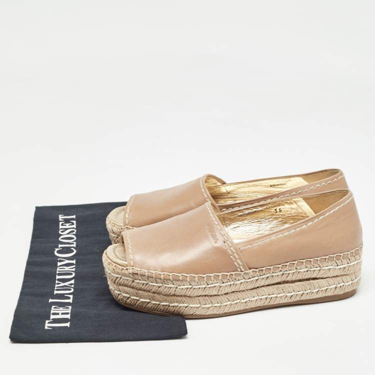 Pre Owned Prada Beige Leather Peep Toe Espadrilles Platform Flats Size 36