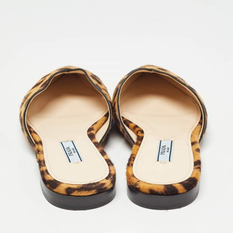 Pre Owned Prada Brown Leopard Print Calfhair Slide Mules Size 37