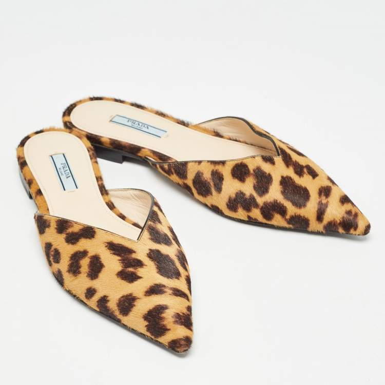 Pre Owned Prada Brown Leopard Print Calfhair Slide Mules Size 37