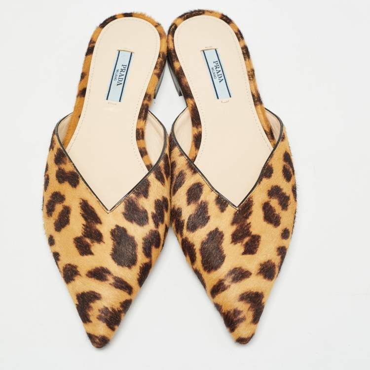 Pre Owned Prada Brown Leopard Print Calfhair Slide Mules Size 37