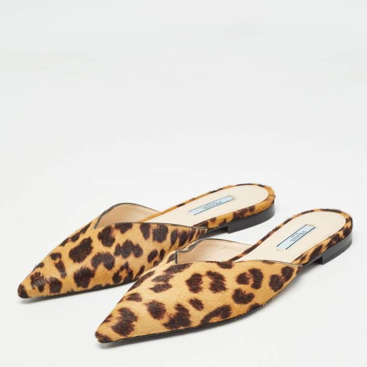 Pre Owned Prada Brown Leopard Print Calfhair Slide Mules Size 37