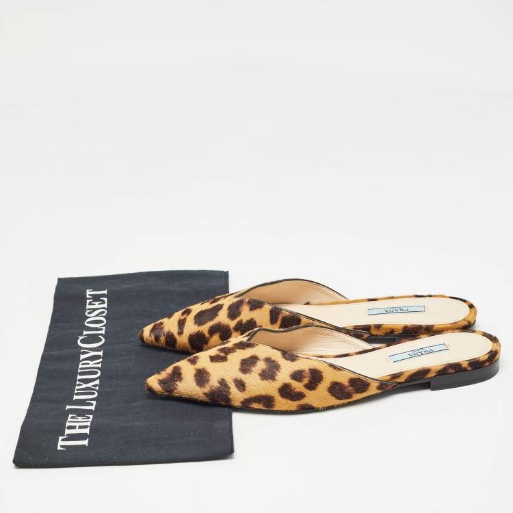 Pre Owned Prada Brown Leopard Print Calfhair Slide Mules Size 37