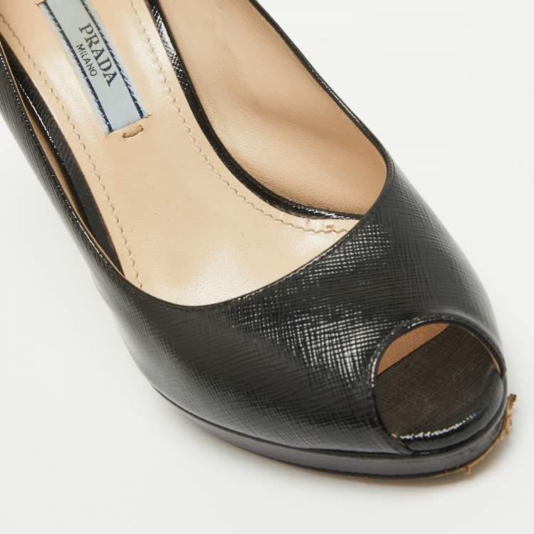 Pre Owned Prada Black Saffiano Vernice Leather Peep Toe Platform Pumps Size 36