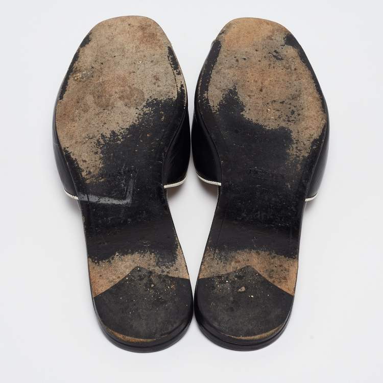 Pre Owned Prada Black Patent Leather Logo Embellished Flat Slides Size 37.5