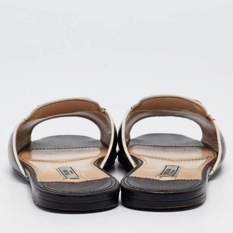 Pre Owned Prada Black Patent Leather Logo Embellished Flat Slides Size 37.5