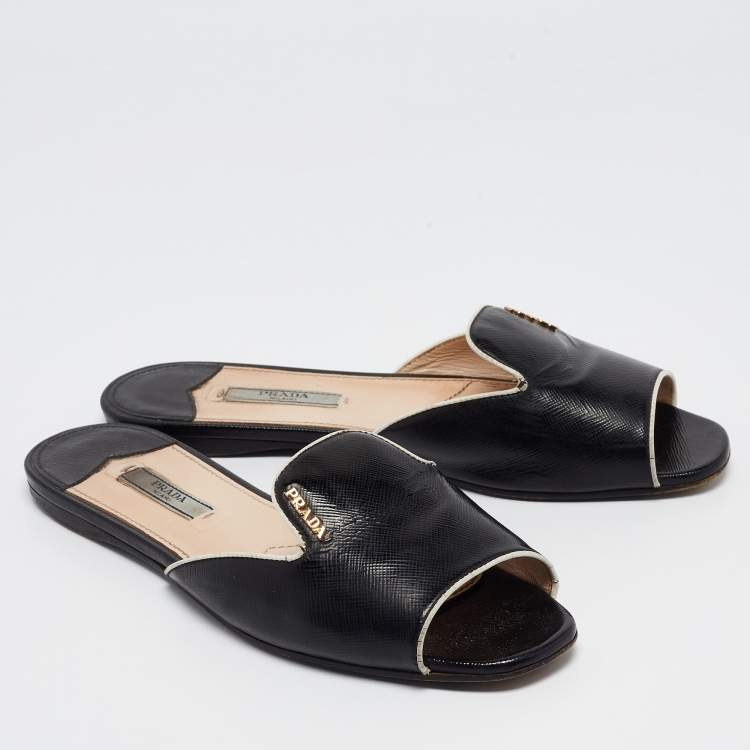 Pre Owned Prada Black Patent Leather Logo Embellished Flat Slides Size 37.5