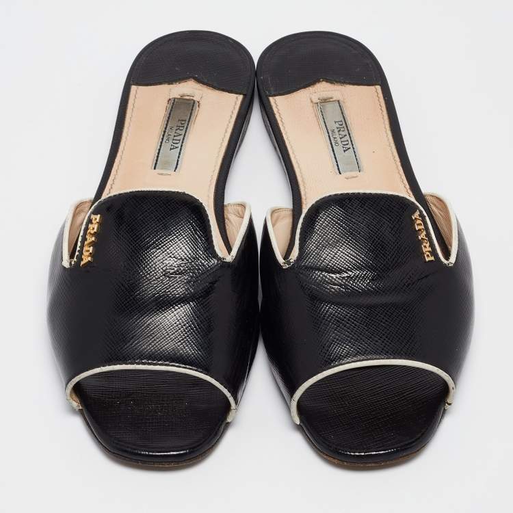 Pre Owned Prada Black Patent Leather Logo Embellished Flat Slides Size 37.5