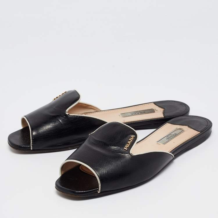 Pre Owned Prada Black Patent Leather Logo Embellished Flat Slides Size 37.5