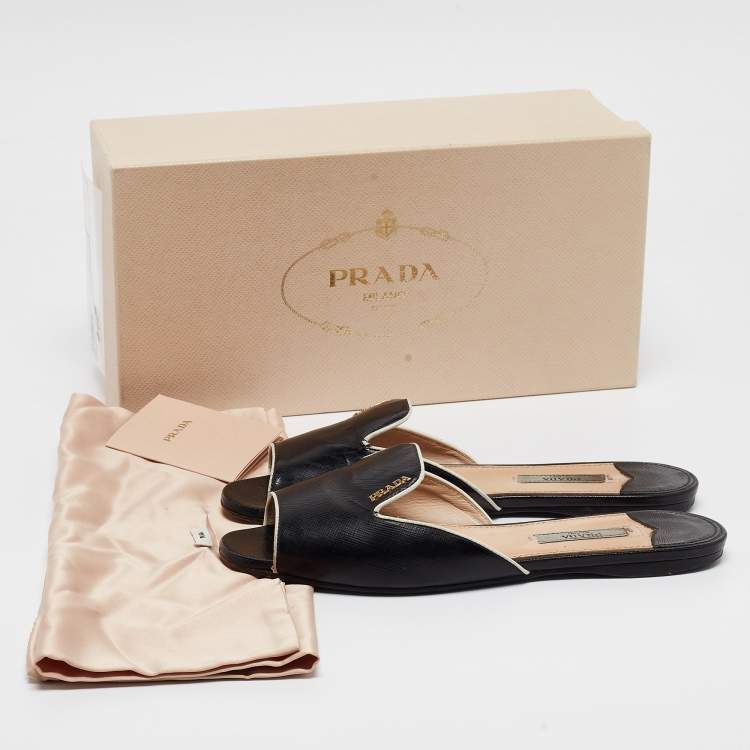 Pre Owned Prada Black Patent Leather Logo Embellished Flat Slides Size 37.5