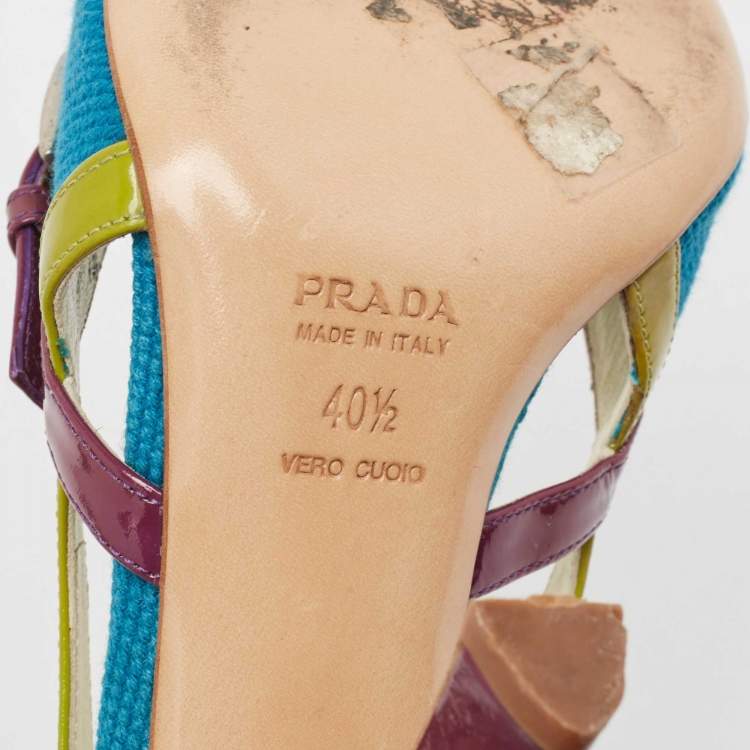 Pre Owned Prada Tricolor Canvas and Patent Leather Peep Toe Pumps Size 40.5