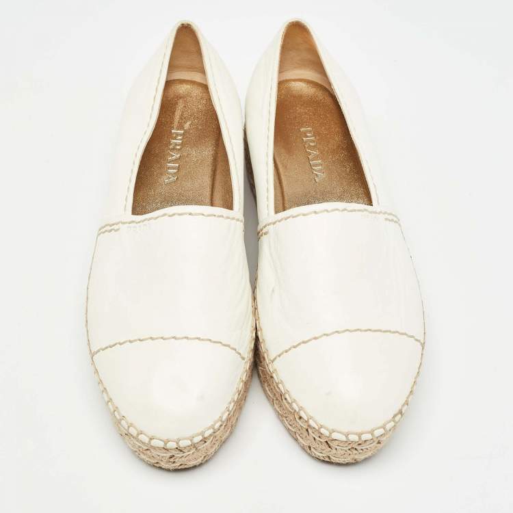Pre Owned Prada White Leather Platform Slip On Espadrille Flats Size 40.5