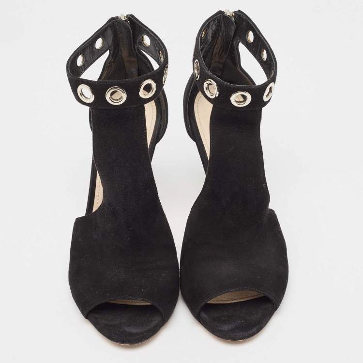 Pre Owned Prada Black Suede Eyelet Detail T-Bar Ankle Strap Sandals Size 36
