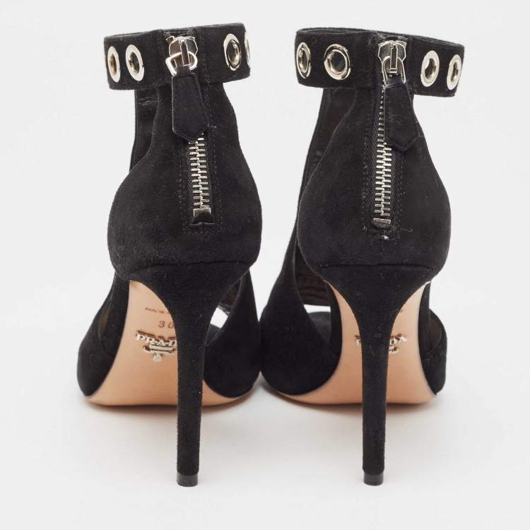 Pre Owned Prada Black Suede Eyelet Detail T-Bar Ankle Strap Sandals Size 36