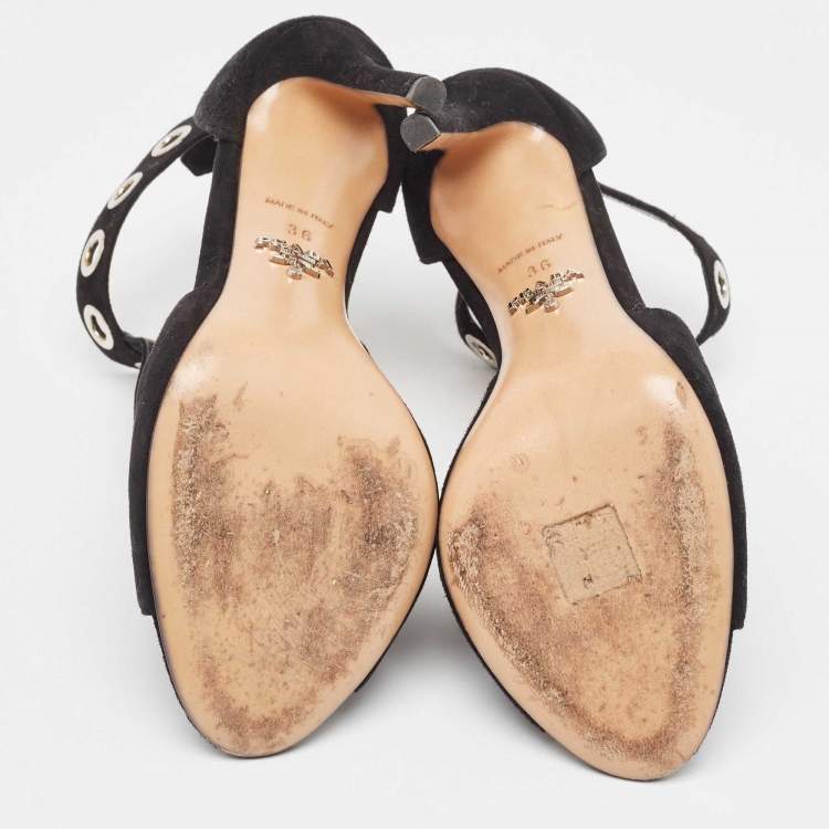 Pre Owned Prada Black Suede Eyelet Detail T-Bar Ankle Strap Sandals Size 36