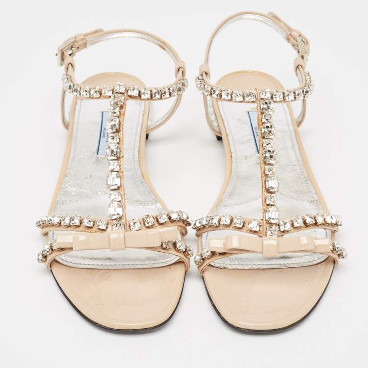 مملوكة مسبقًا Prada Beige Patent Leather Crystal Embellished Bow Ankle Strap Sandals Size 36.5