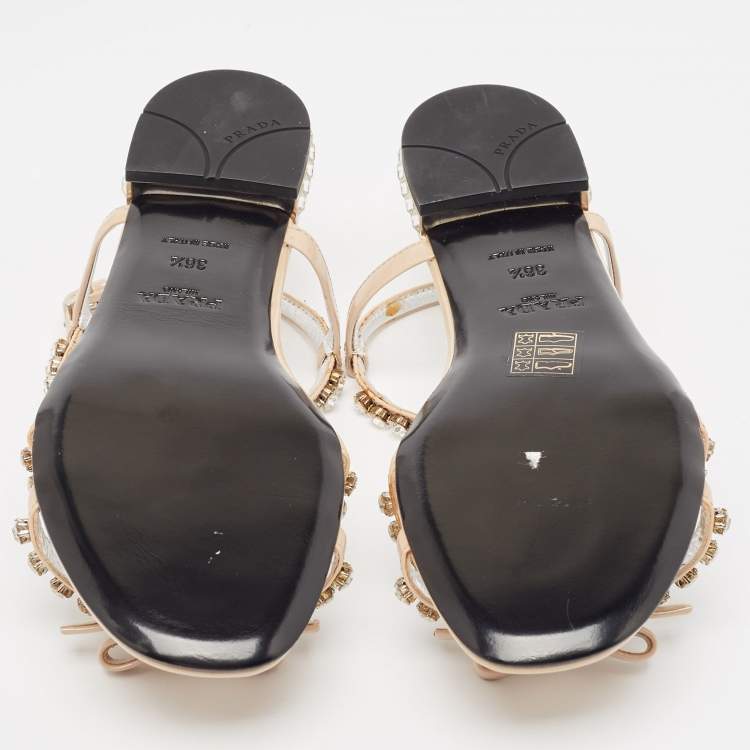مملوكة مسبقًا Prada Beige Patent Leather Crystal Embellished Bow Ankle Strap Sandals Size 36.5