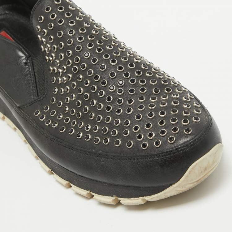 Pre Owned Prada Black Leather Studded Slip On Sneakers Size 40