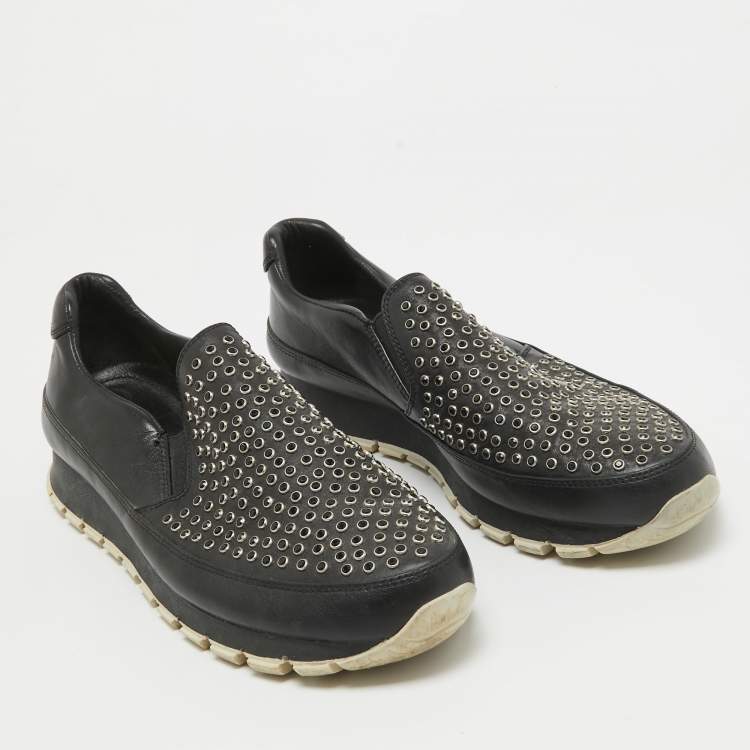 Pre Owned Prada Black Leather Studded Slip On Sneakers Size 40