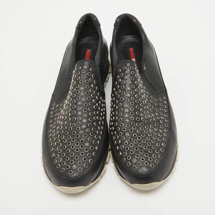 Pre Owned Prada Black Leather Studded Slip On Sneakers Size 40