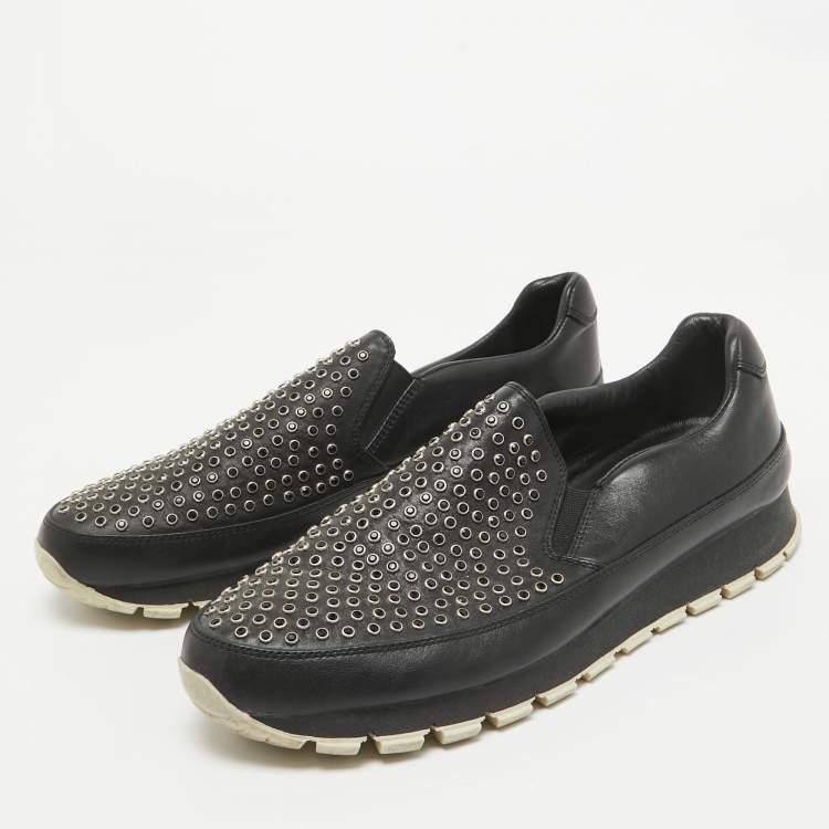 Pre Owned Prada Black Leather Studded Slip On Sneakers Size 40