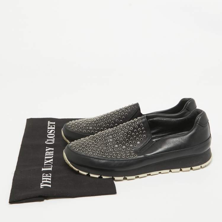 Pre Owned Prada Black Leather Studded Slip On Sneakers Size 40