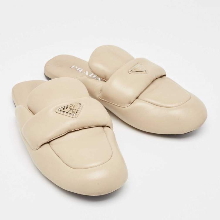 Pre Owned Prada Cream Padded Leather Loafer Flat Mules Size 39