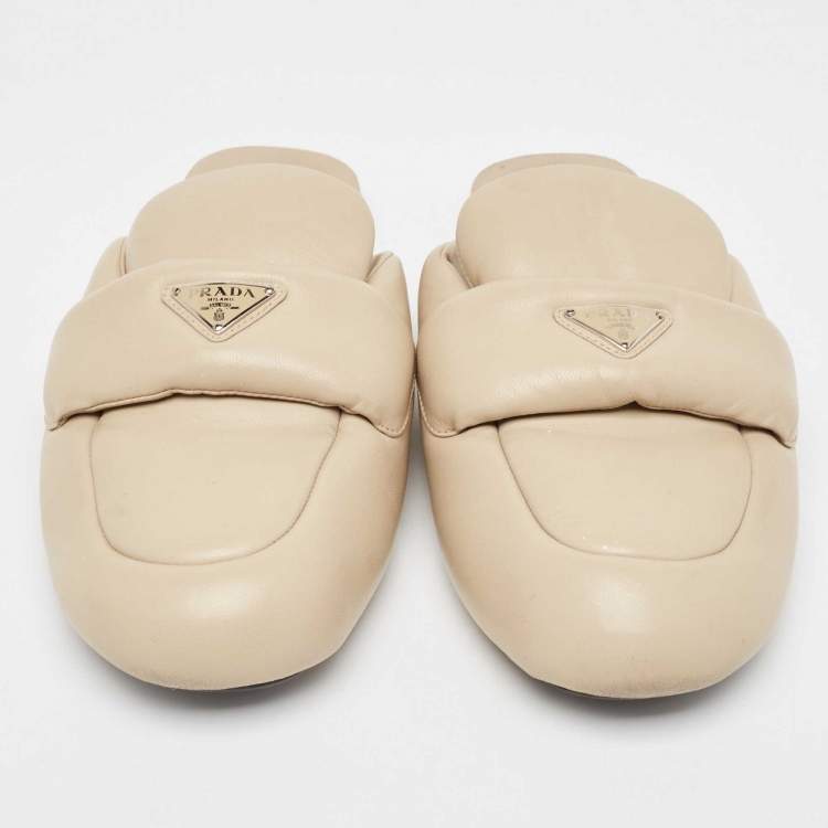Pre Owned Prada Cream Padded Leather Loafer Flat Mules Size 39