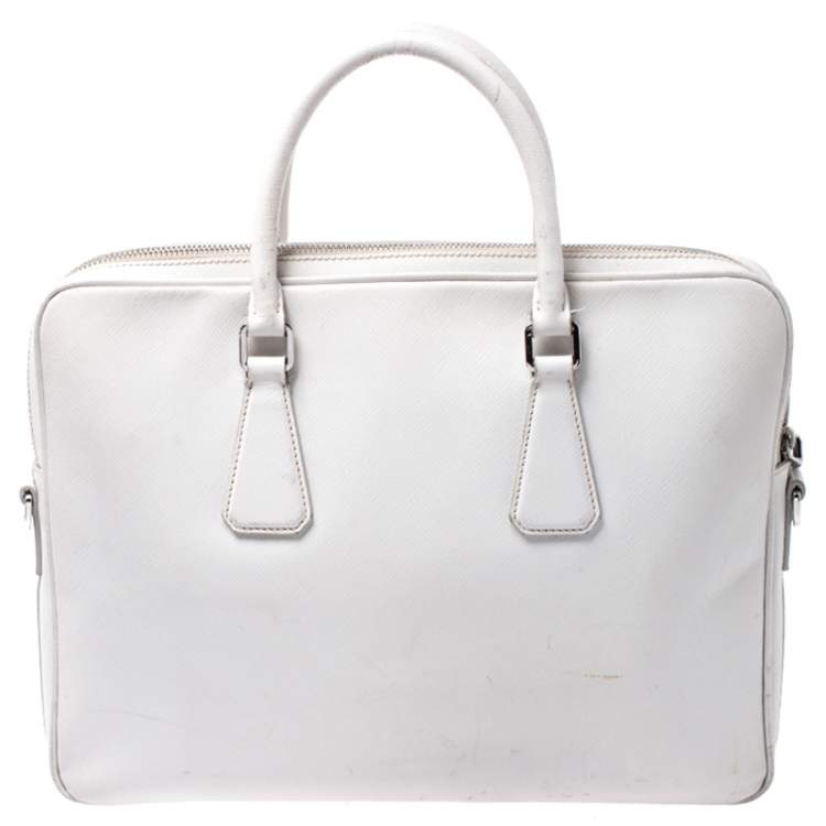 Pre Owned Prada White Saffiano Leather Briefcase