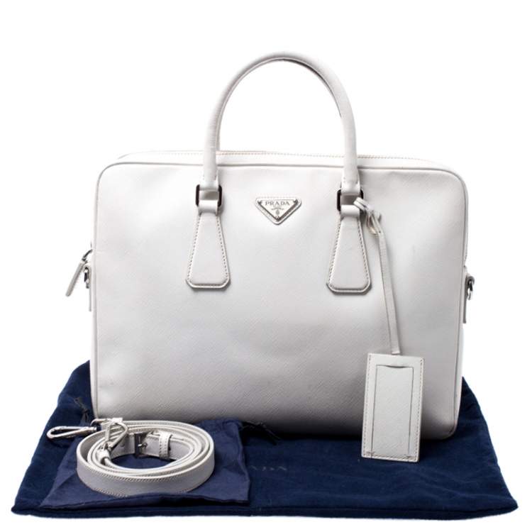 Pre Owned Prada White Saffiano Leather Briefcase