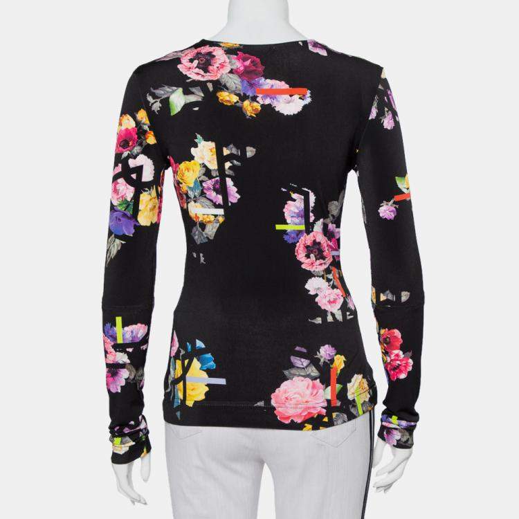 Pre Owned Preen by Thornton Bregazzi Black Floral Printed Jersey Cutout Sleeve Detail Top M