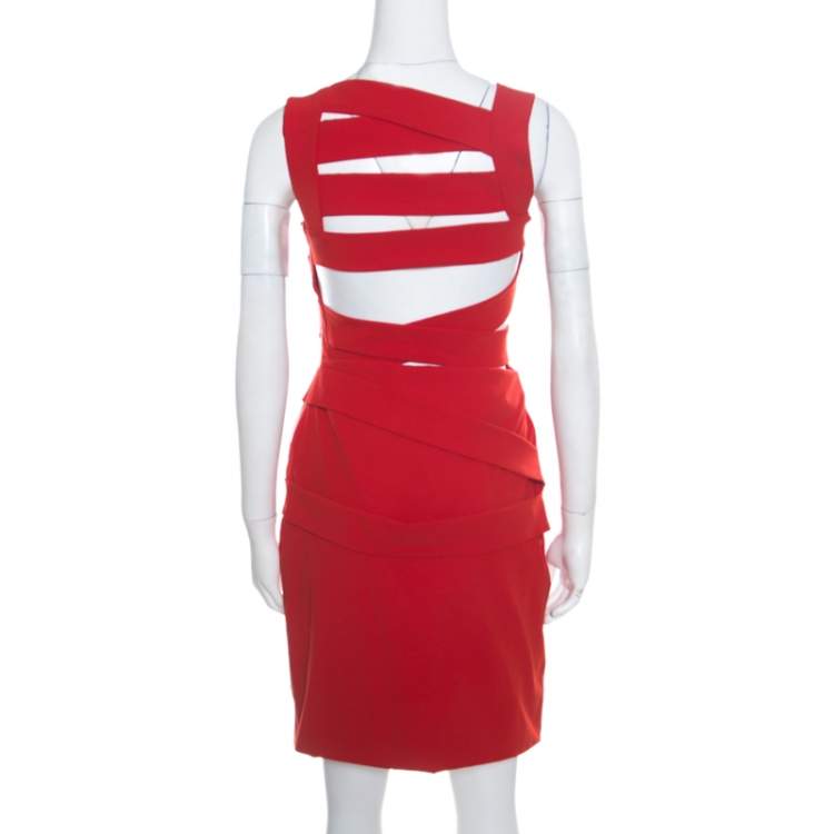 Pre Owned Preen by Thornton Bregazzi Ruby Red Asymmetric Bandage Detail Dew Bodycon Dress L