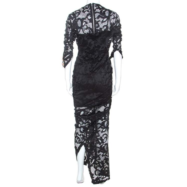 مملوكة مسبقًا Preen Black Stretch Lace Embellished Detail Ruched Georgia Dress L