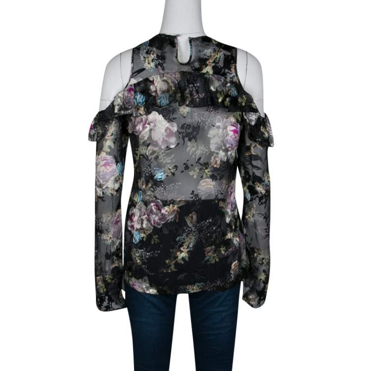 Pre Owned Preen By Thornton Bregazzi Floral Print Devore Chiffon Cold Shoulder Alva Top S