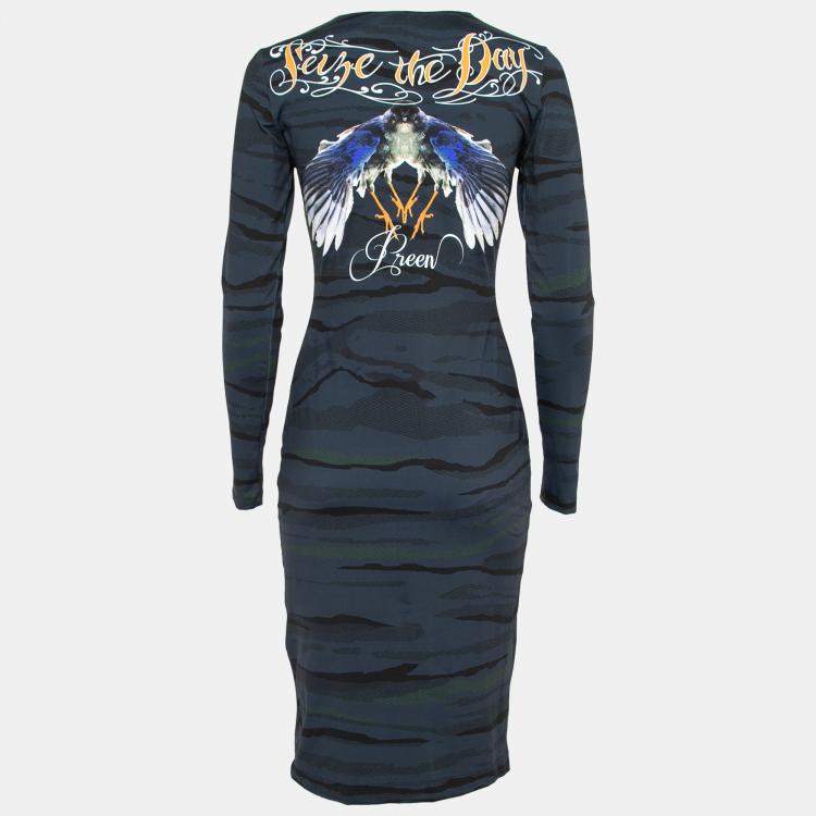 Pre Owned Preen by Thornton Bregazzi Blue Camouflage Print Jersey Long Sleeve Avery Dress S