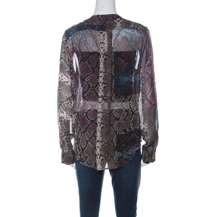 Pre Owned Preen by Thornton Bregazzi Multicolor Snakeskin Print Silk Blouse L
