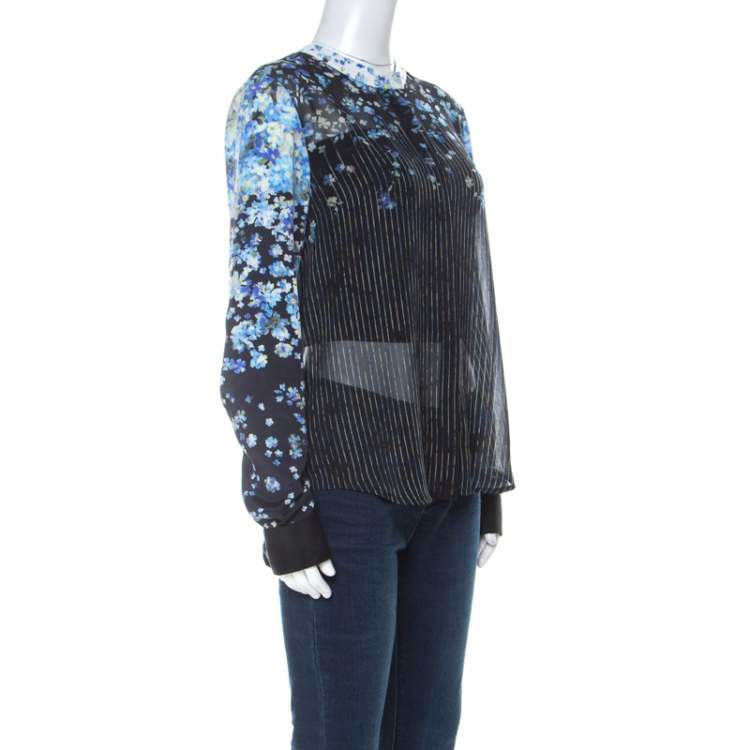 Pre Owned Preen Multicolor Floral and Striped Print Crepe Button Down Shirt L