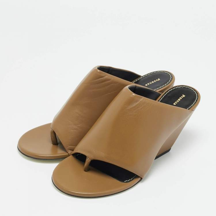 مملوكة مسبقًا Proenza Schouler Brown Leather Slant Wedge Sandals Size 39