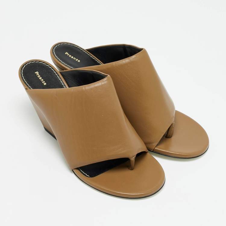 مملوكة مسبقًا Proenza Schouler Brown Leather Slant Wedge Sandals Size 39
