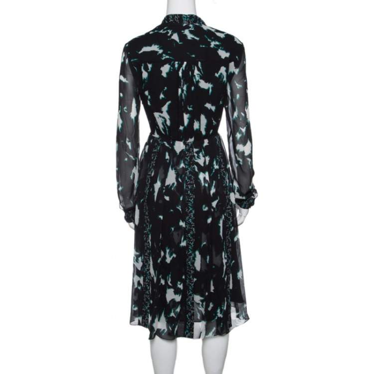 Pre Owned Proenza Schouler Black Printed Silk Pleated Long Sleeve Dress S