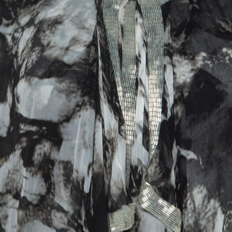 Pre Owned Proenza Schouler Monochrome Abstract Print Sheer Silk Embellished Waterfall Jacket and Dress Set M