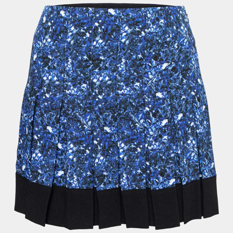 Pre Owned Proenza Schouler Blue and Black Micro Printed Silk Georgette Pleated Skirt S