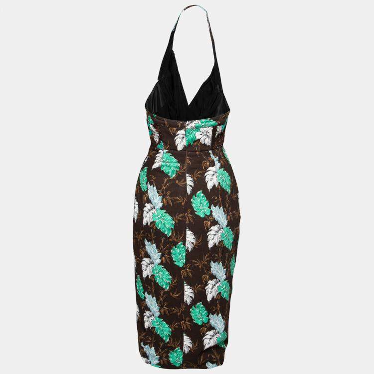 Pre Owned Proenza Schouler Brown Jungle Leaf Print Draped Halter Midi Dress S