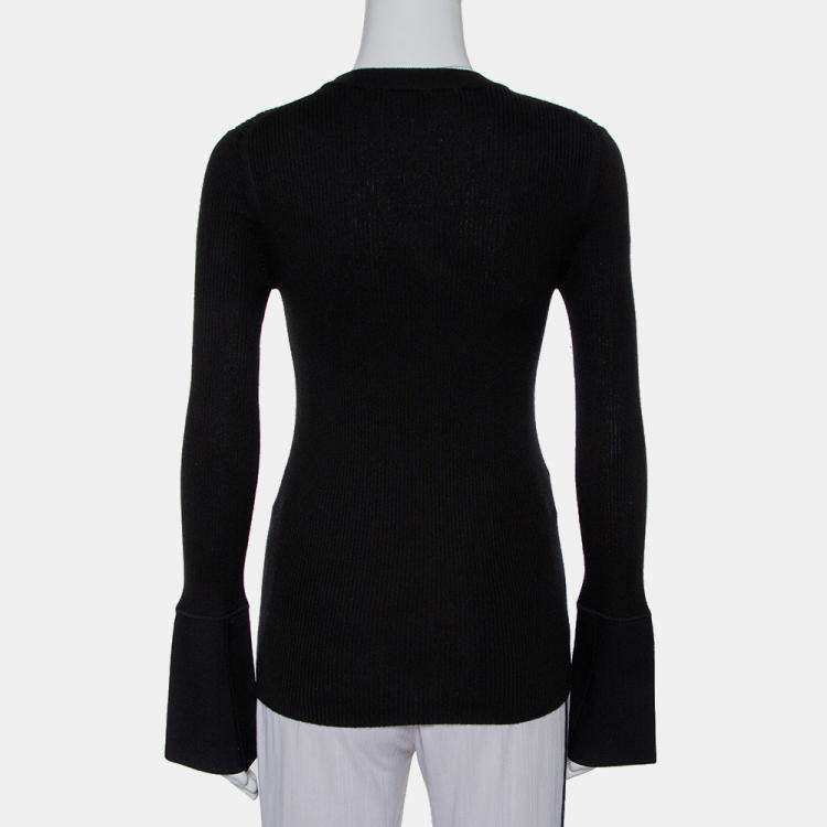 Pre Owned Proenza Schouler Black Rib Knit Bell Sleeve Crewneck Top S